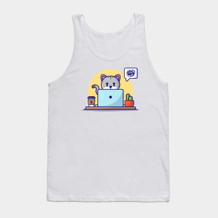 Cute Cat Working On Laptop With Coffee Cup Cartoon Vector Icon Illustration Tank Top